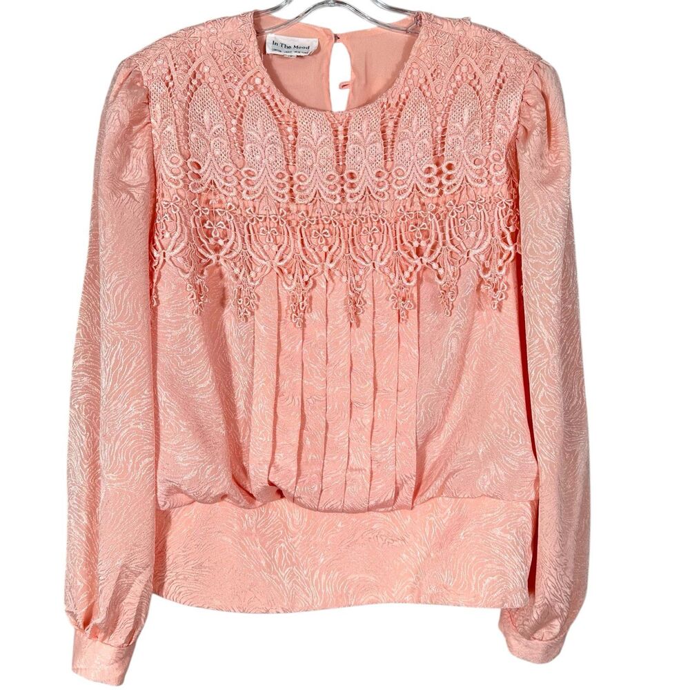 Vintage 80s In the Mood Blouse 16 Peach Crochet Lace Collar Pleated Long Sleeve